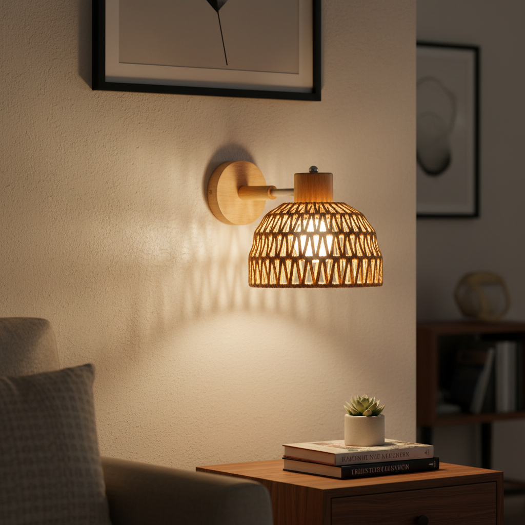 Alternative view of hand-woven rattan wall sconce lamp featuring a natural wood base and a bohemian or rustic design style.
