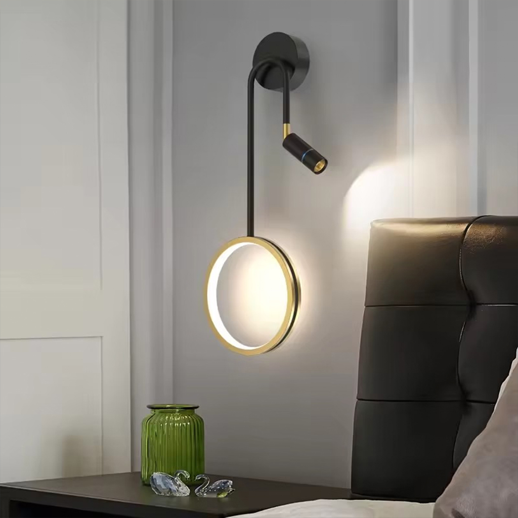 Alternative view of wall lamp features a rotatable spotlight and an integrated LED ring light,