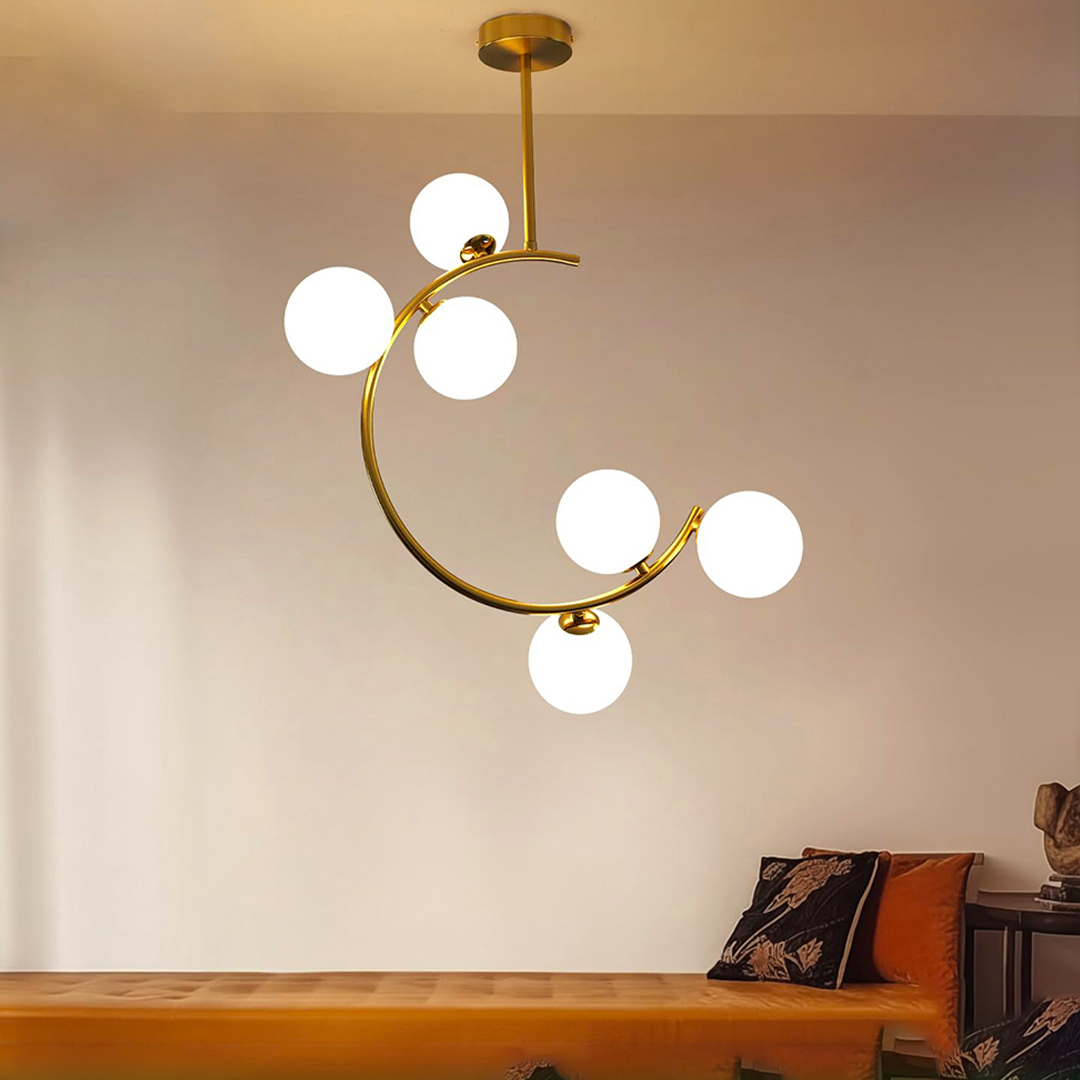 Frideko Home semi-flush mount ceiling light features a modern crescent-shaped brass frame adorned with six frosted white glass globes. 