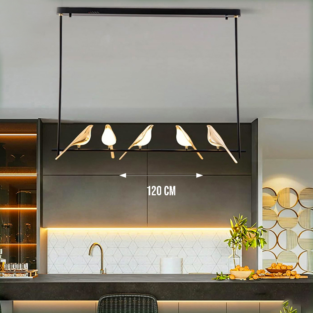 modern Nordic-style linear pendant light featuring stylized birds on a wire
