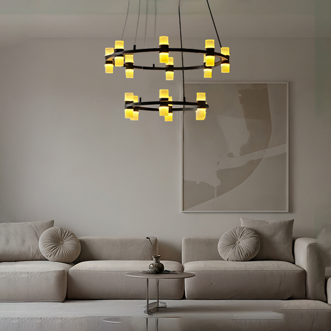 Alternative view of modern two-tier ring chandelier featuring