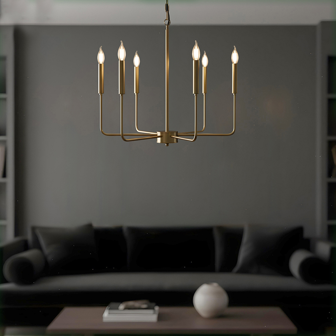 Alternative view of shown is a prime finished 6-light chandelier designed in a modern farmhouse candle style.