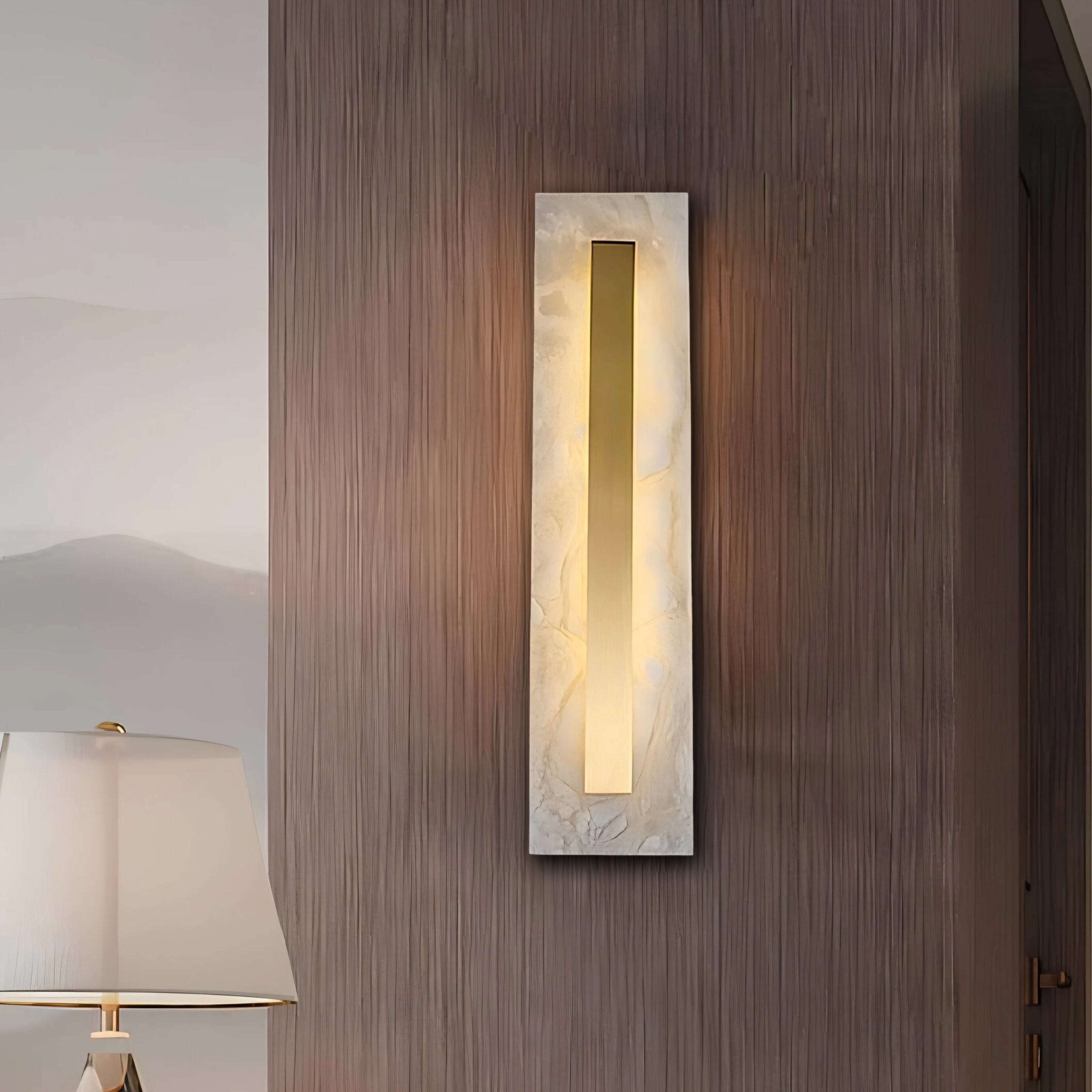 Alternative view of Kelly Wearstler Melange Elongated Wall Sconce featuring natural alabaster with an antique-burnished brass metal frame