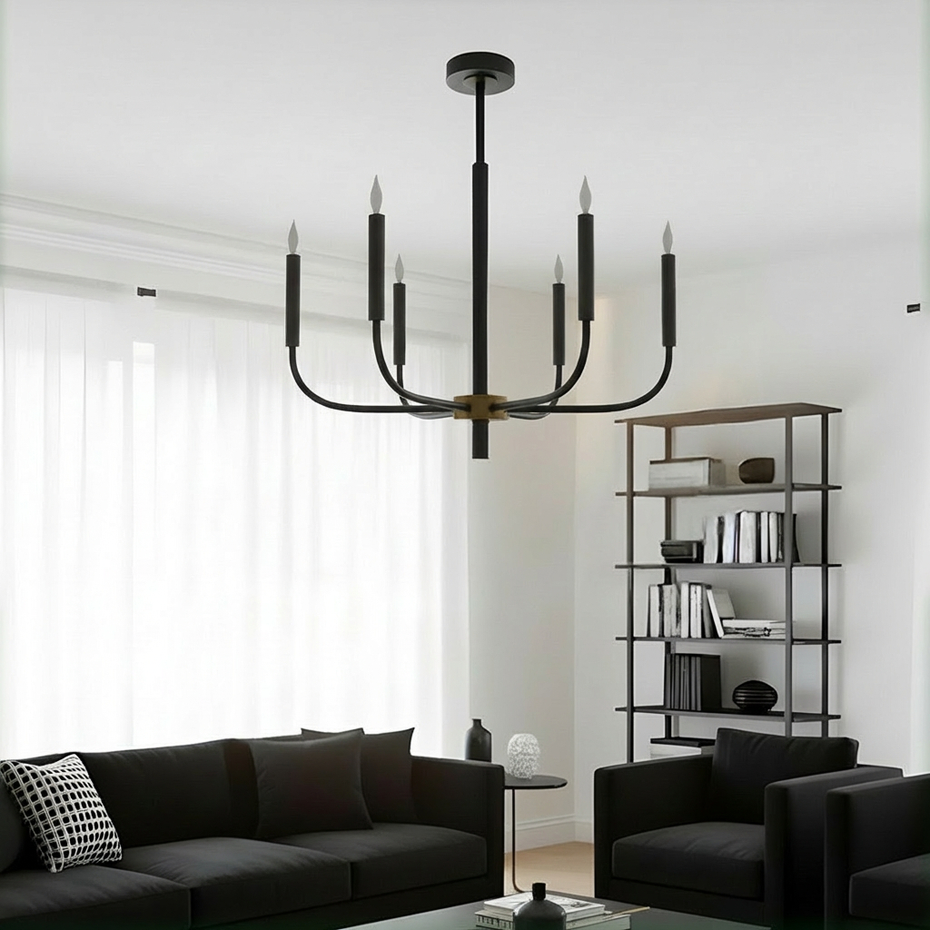 industrial-style black metal 6-light chandelier