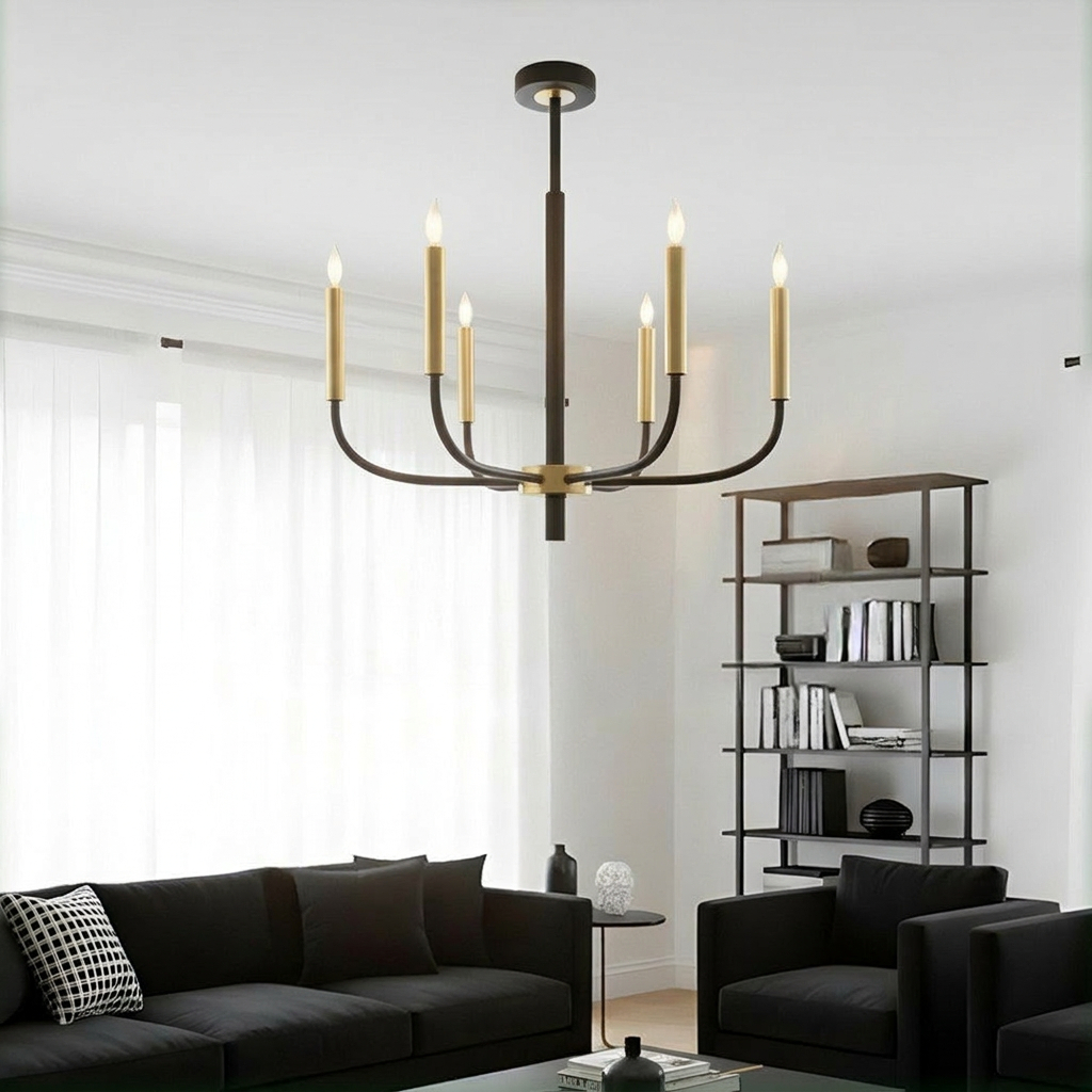 Alternative view of industrial-style black metal 6-light chandelier
