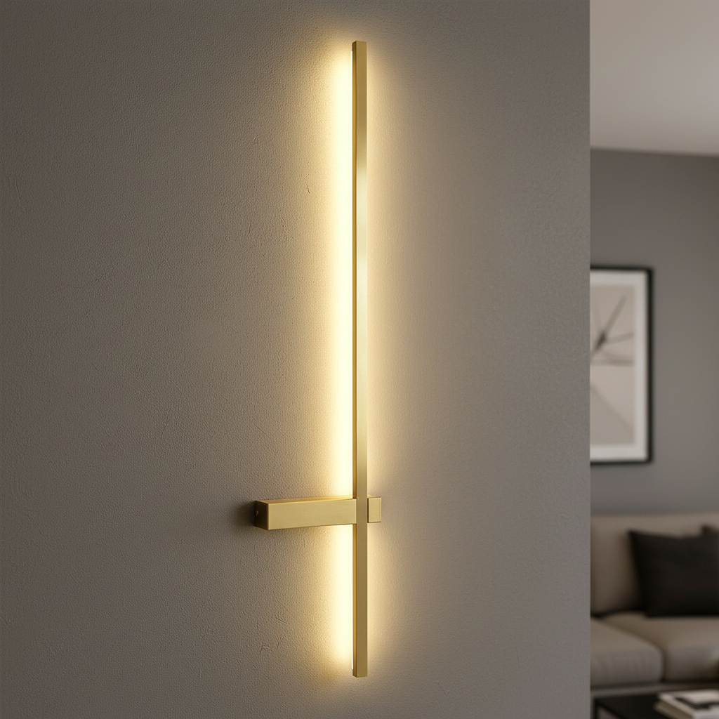 Alternative view of linear brass wall sconce features an ultra-thin design and provides bright