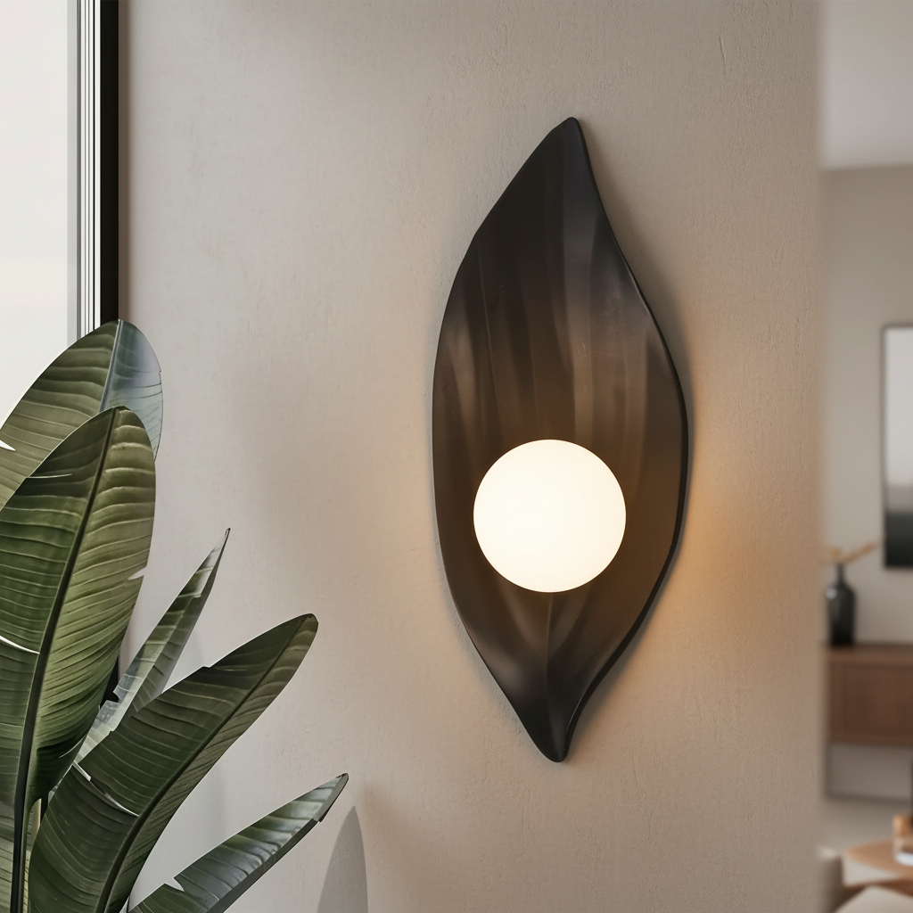 Alternative view of Black Leaf Wall Sconce with Orb Light is a luxurious modern wall lamp featuring a matte black leaf design.