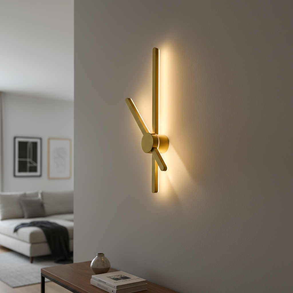 Alternative view of decorative LED wall light or sconce, frequently featuring a rotating linear design and dimmable multicolor or warm white lighting options. 