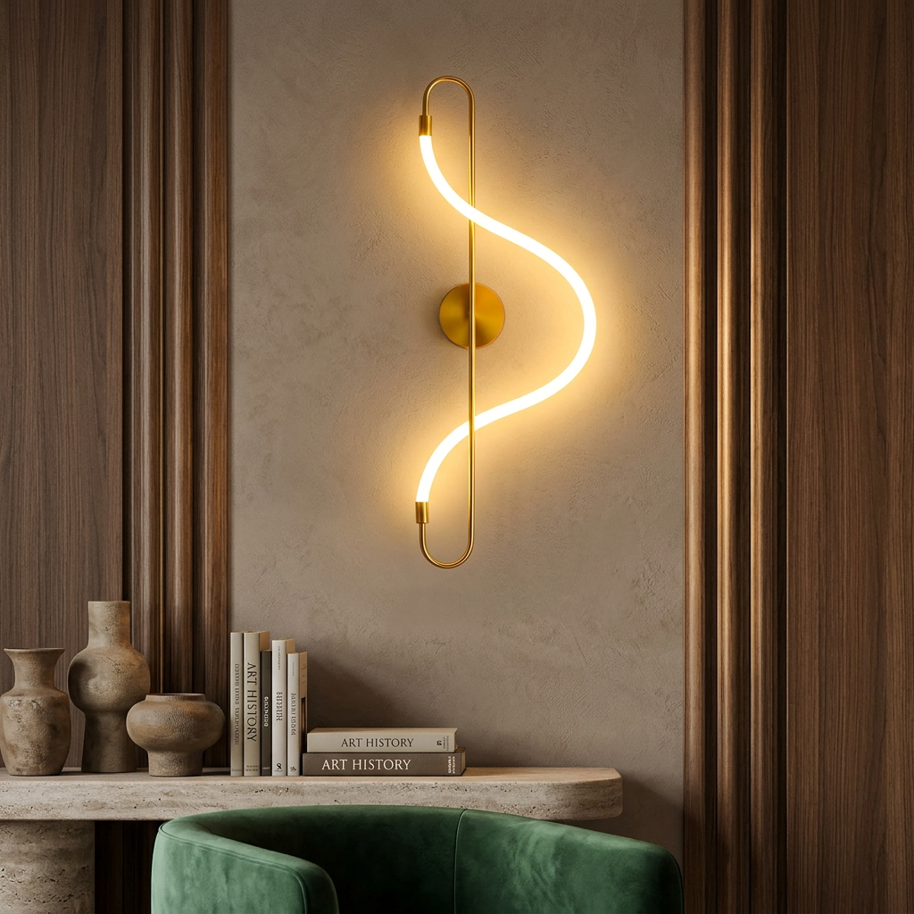 Alternative view of modern golden metal and acrylic LED wall light, similar to models marketed as the Toolight "Led App858-W Long" or various Nordic-style spiral silicone strip wall lamps.