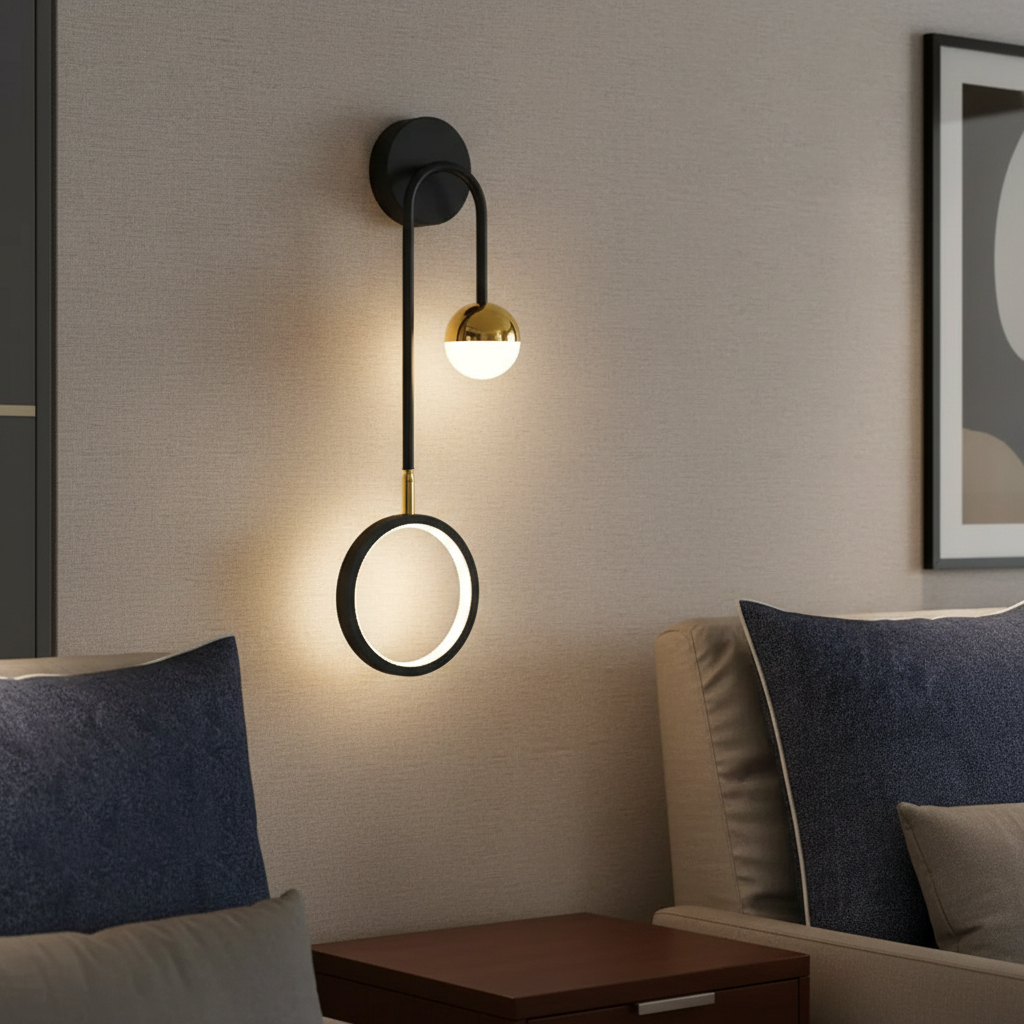 Alternative view of Ophelia Wall Light, a modern sconce featuring a black metal frame with a gold-finished accent and a white glass globe