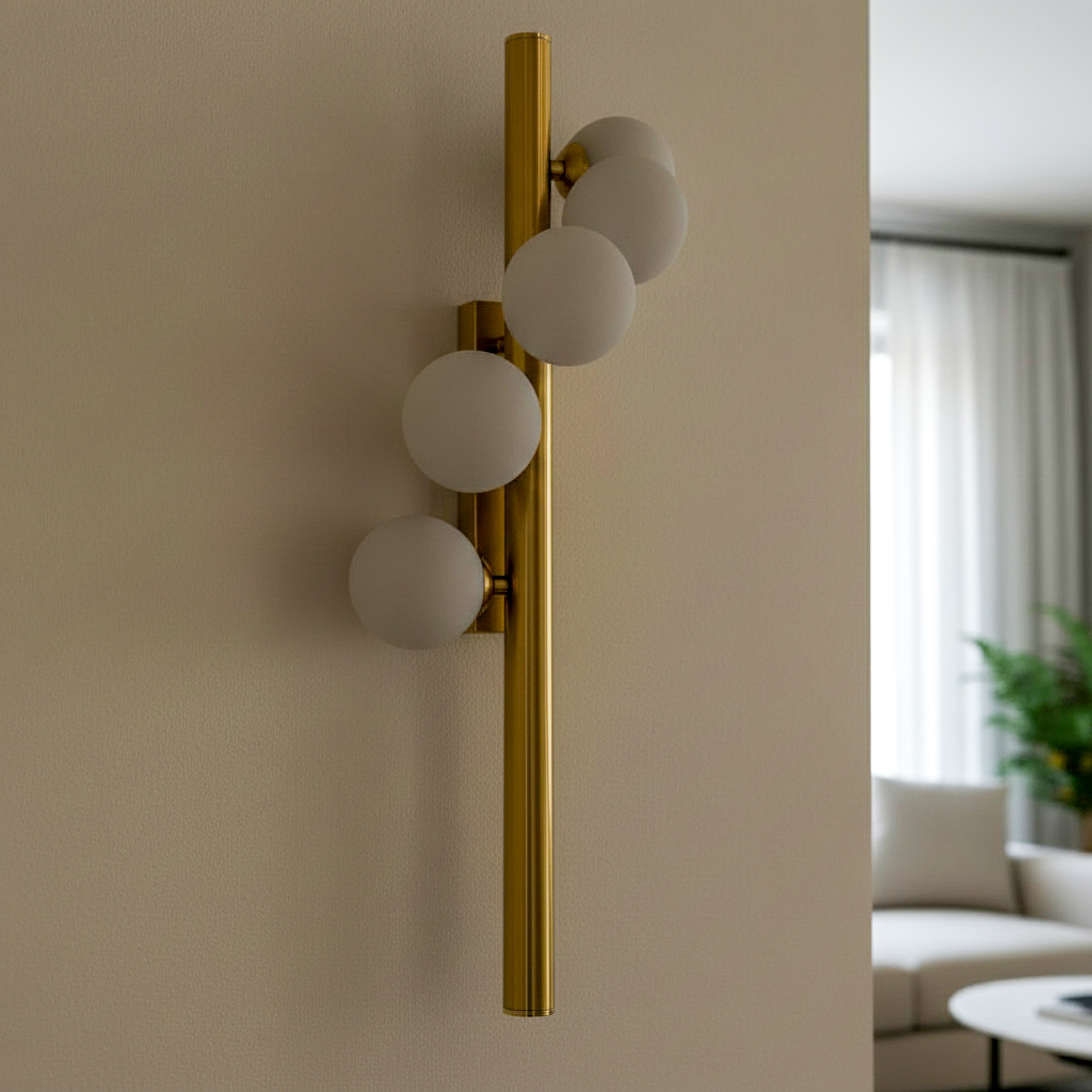 appears to be similar to the Arteriors Modern Christelle Sconce, featuring a brass-finished metal structure with spherical glass shades.