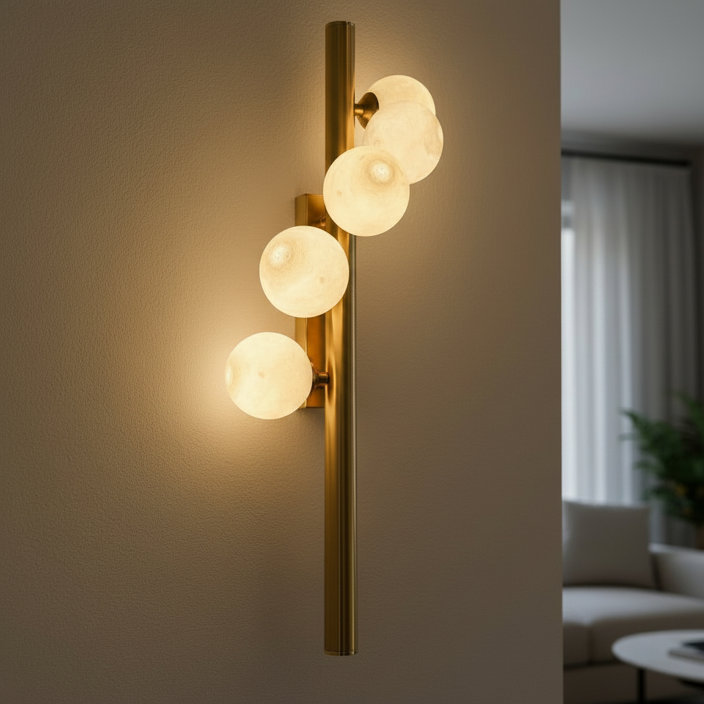 Alternative view of appears to be similar to the Arteriors Modern Christelle Sconce, featuring a brass-finished metal structure with spherical glass shades.