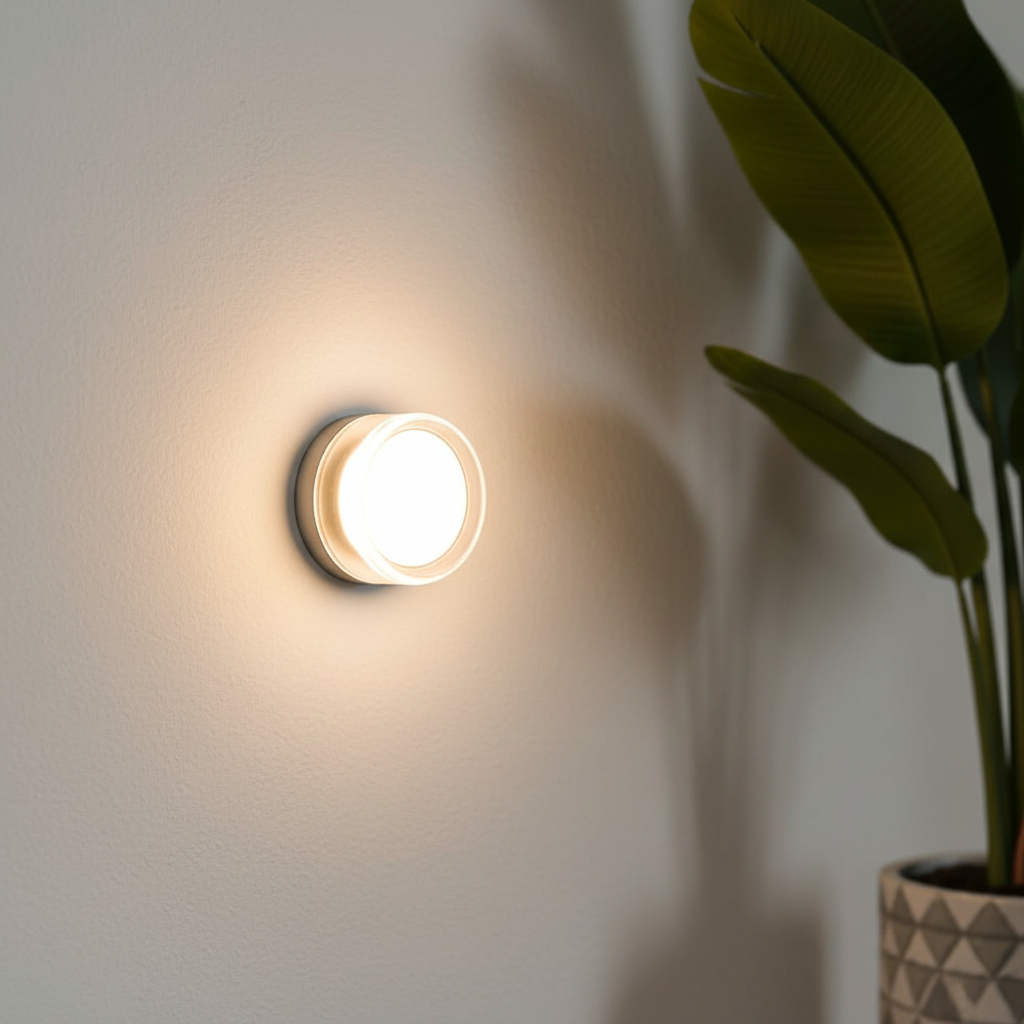 Alternative view of amber acrylic round wall light, similar to the Ankur Dimple Contemporary Wall Sconce.