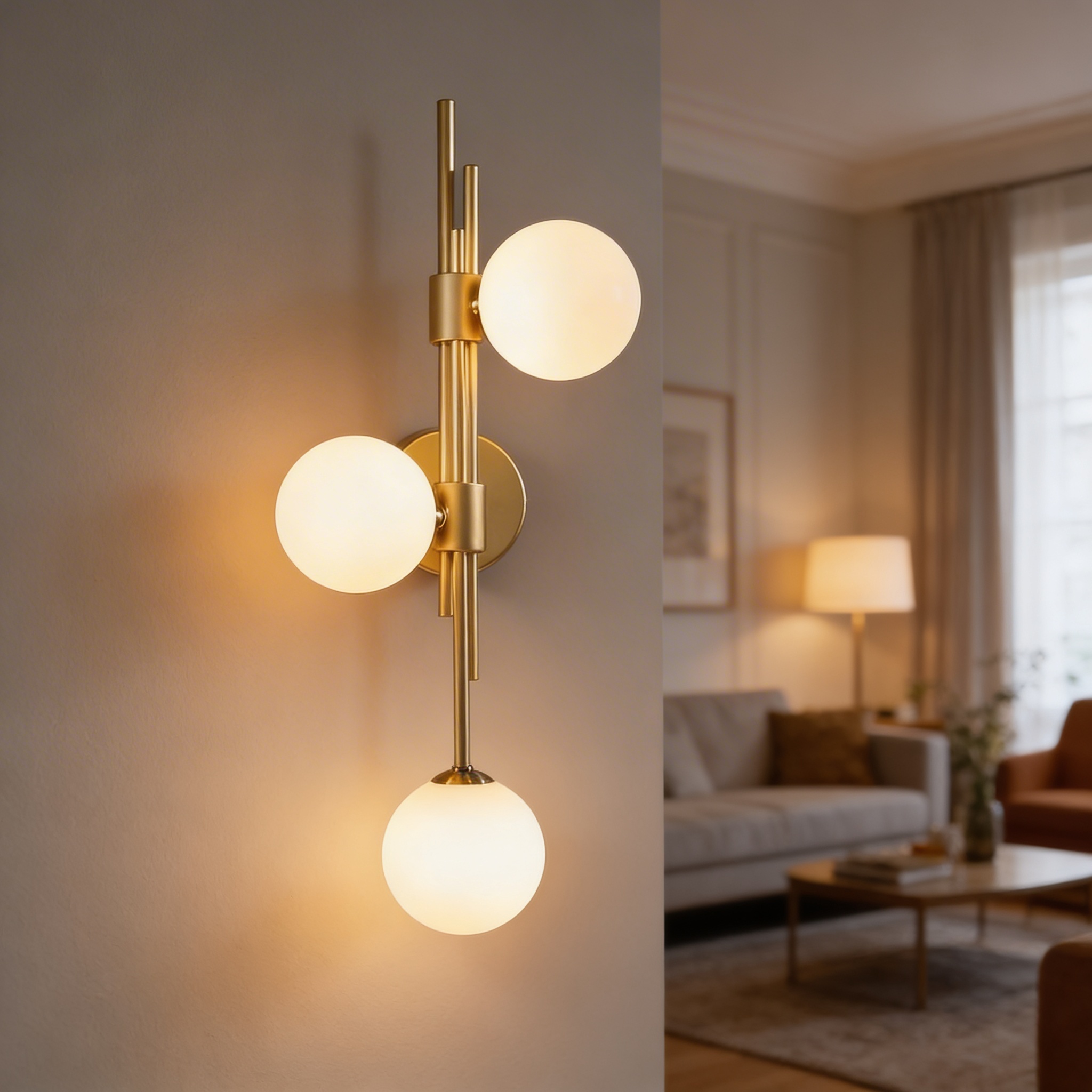 Alternative view of modern 3-light brass wall sconce with frosted glass globes