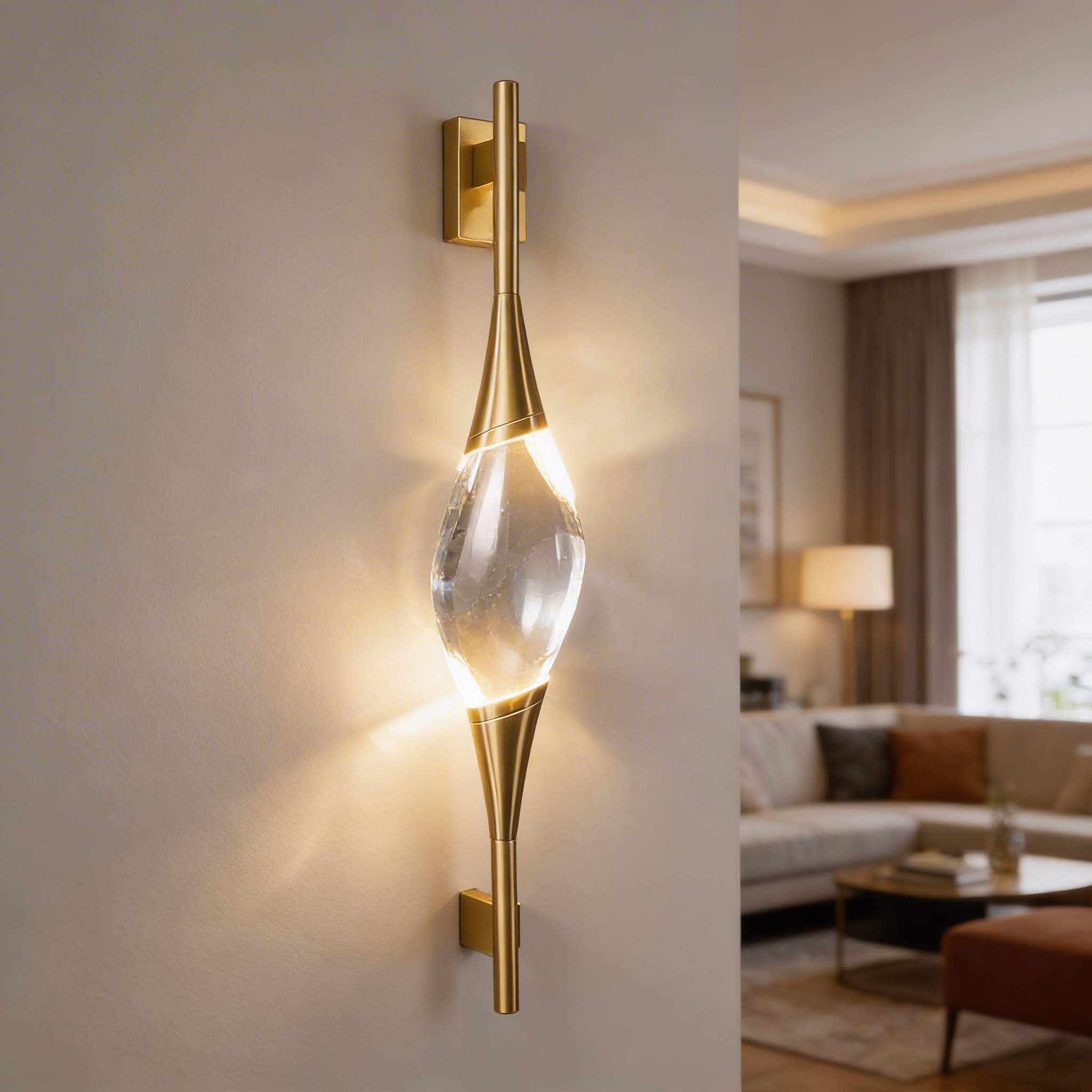 Alternative view of Romilly Wall Lamp by Residence Supply, featuring a metal body with a brushed gold finish and a clear asymmetrical drop-like crystal.