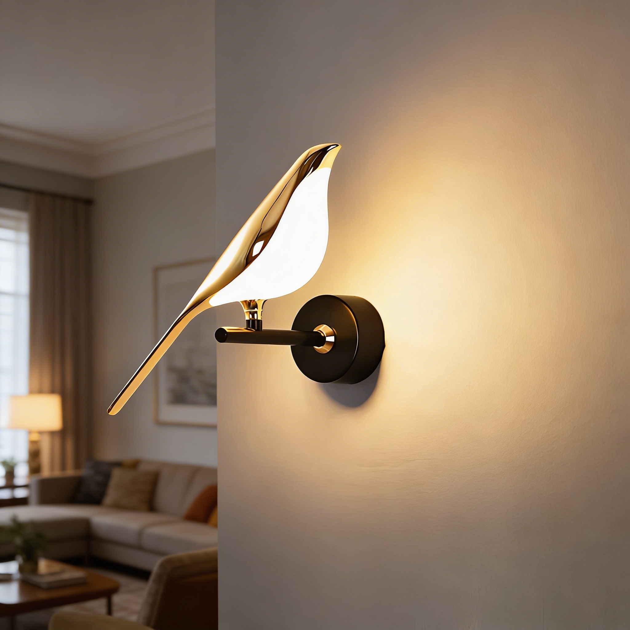 Alternative view of Nordic-style golden magpie LED wall lamp, often used as decorative bedside lighting.