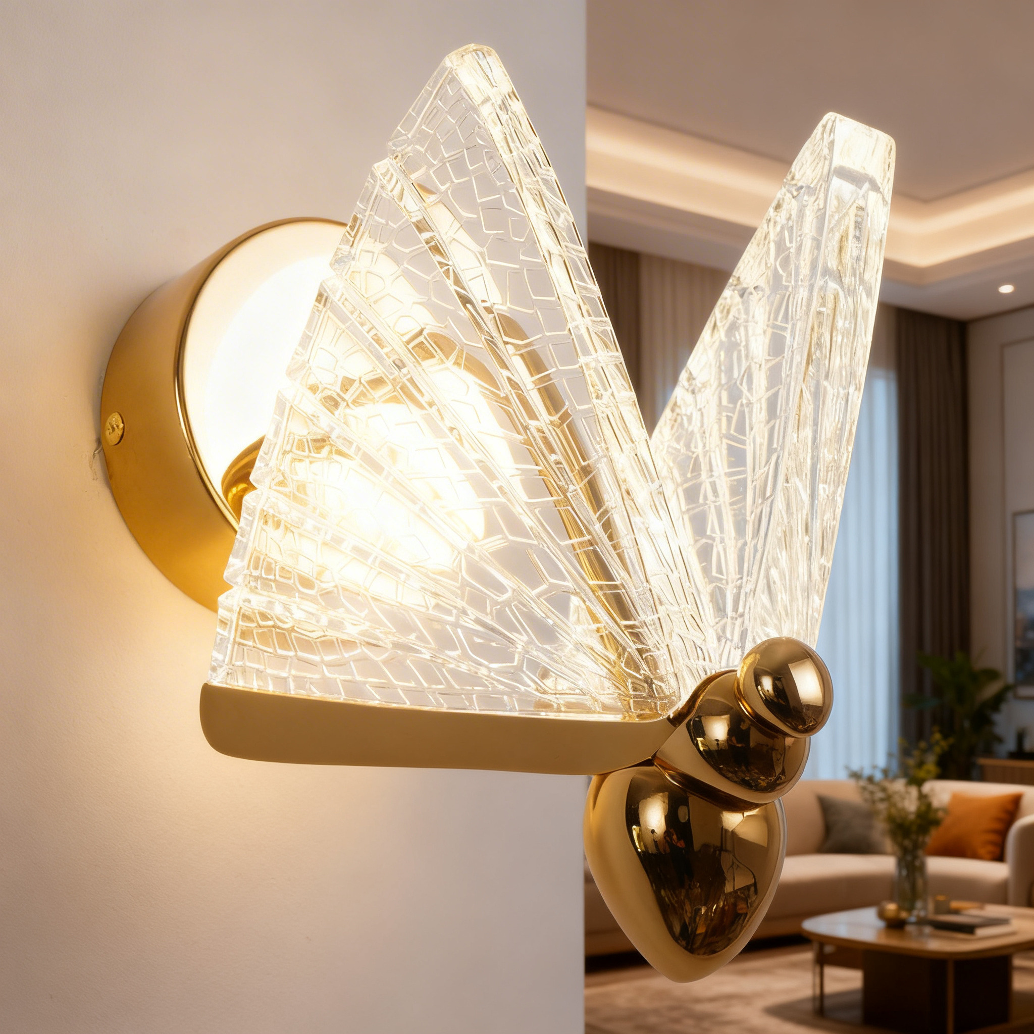 Alternative view of modern butterfly-shaped acrylic and gold wall light