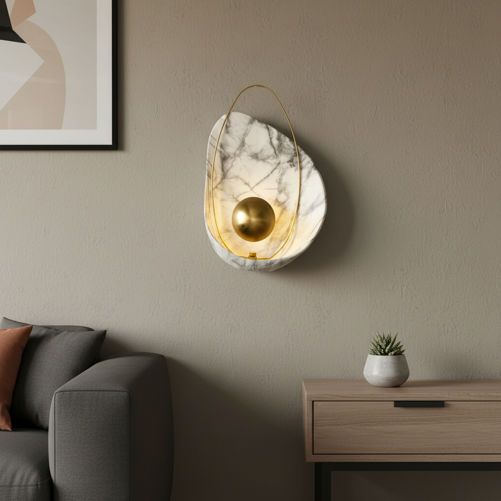 Alternative view of  shown is a Pearl Wall Lamp, which typically features a marble-like finish and integrated LED lighting. 