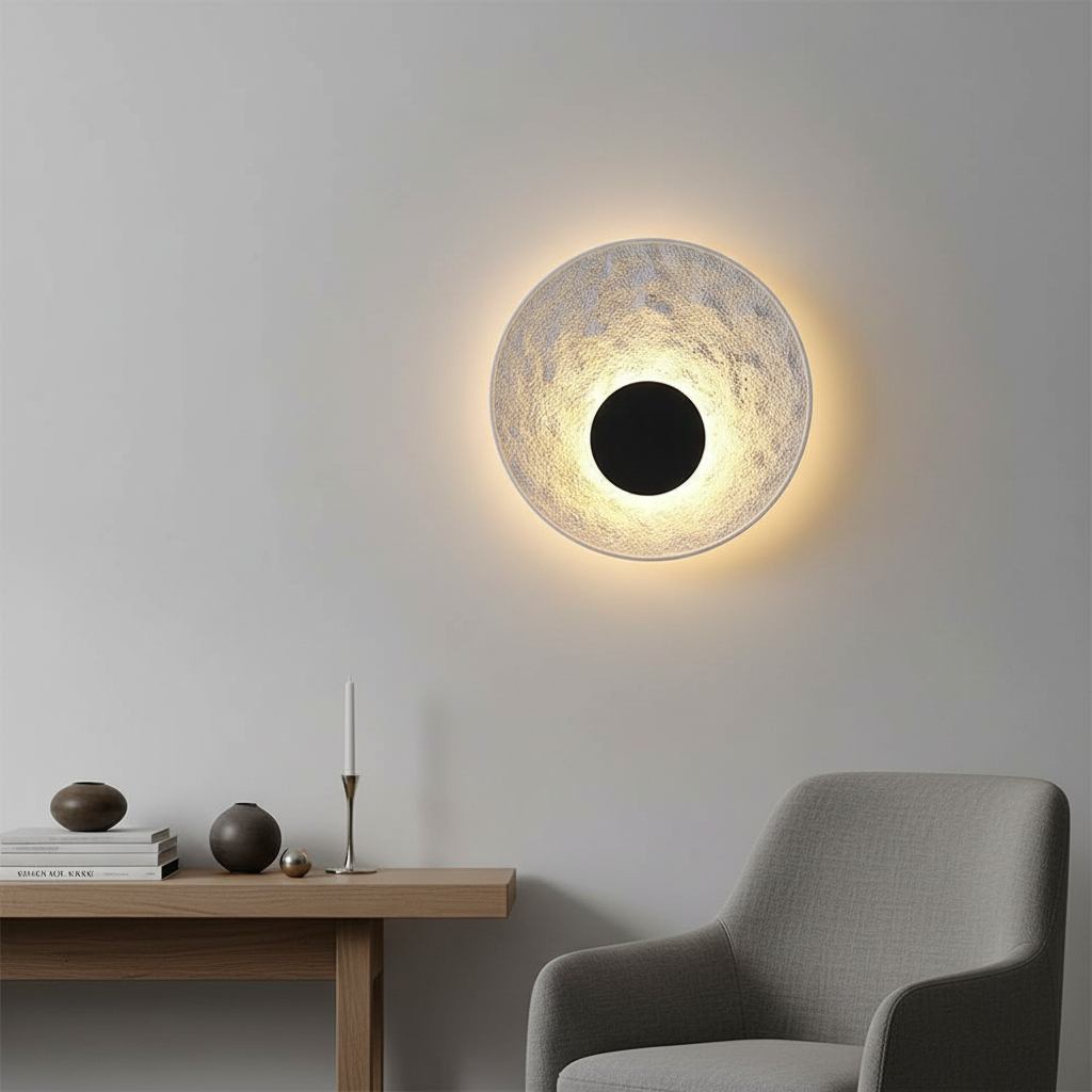 Alternative view of a modern textured disc lamp designed for ambient lighting