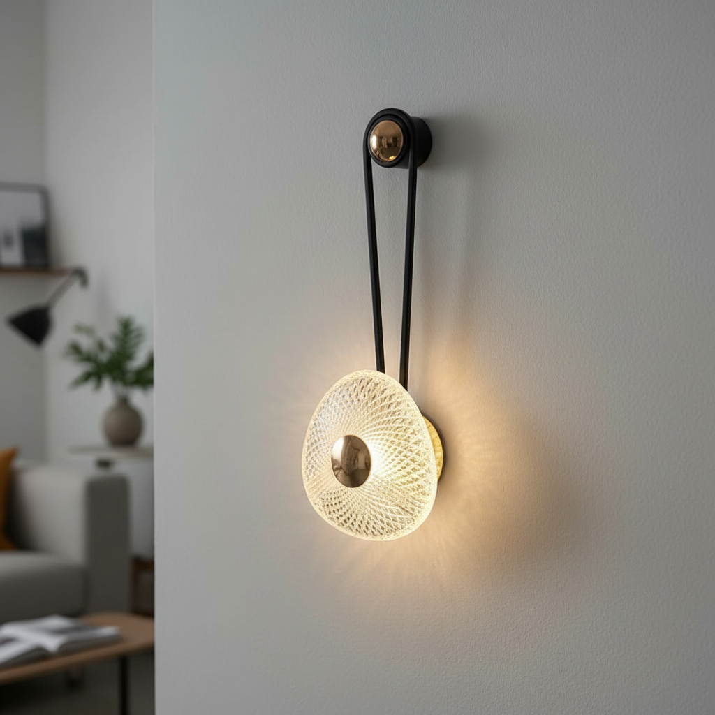 Alternative view of Arteriors wall lamp features a decorative hanging design with a textured acrylic centerpiece and gold metal accents. 