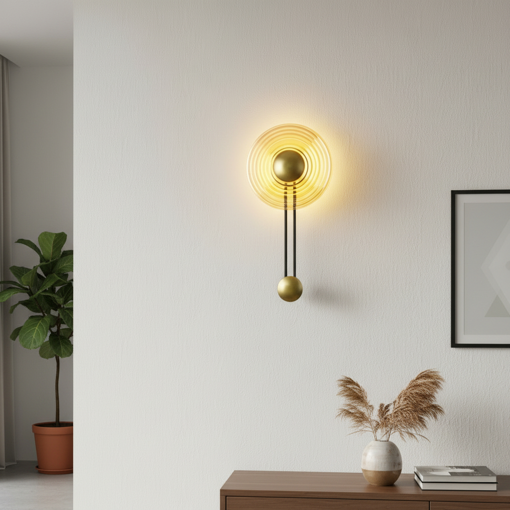 Alternative view of Nordic round water ripple glass and iron LED wall sconce lamp.