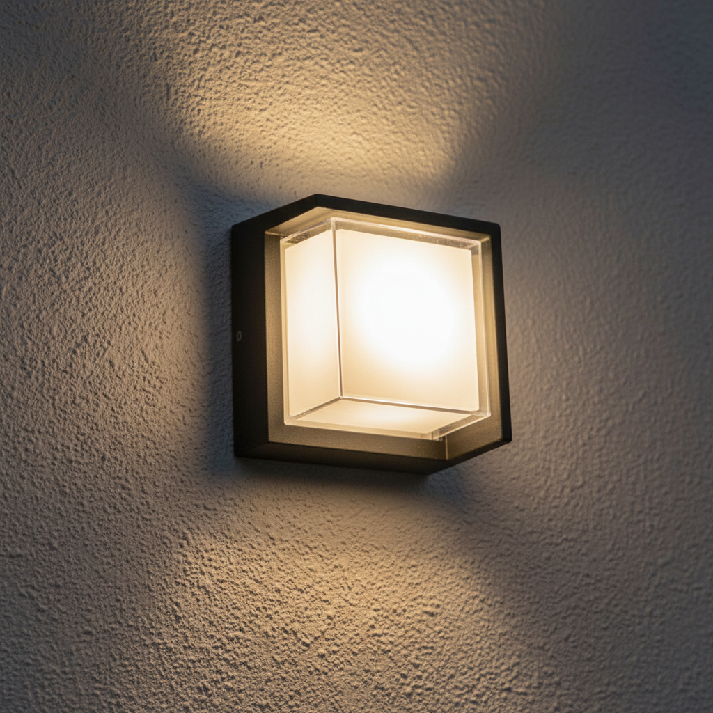 Alternative view of modern square LED outdoor wall sconce, often referred to as a cube