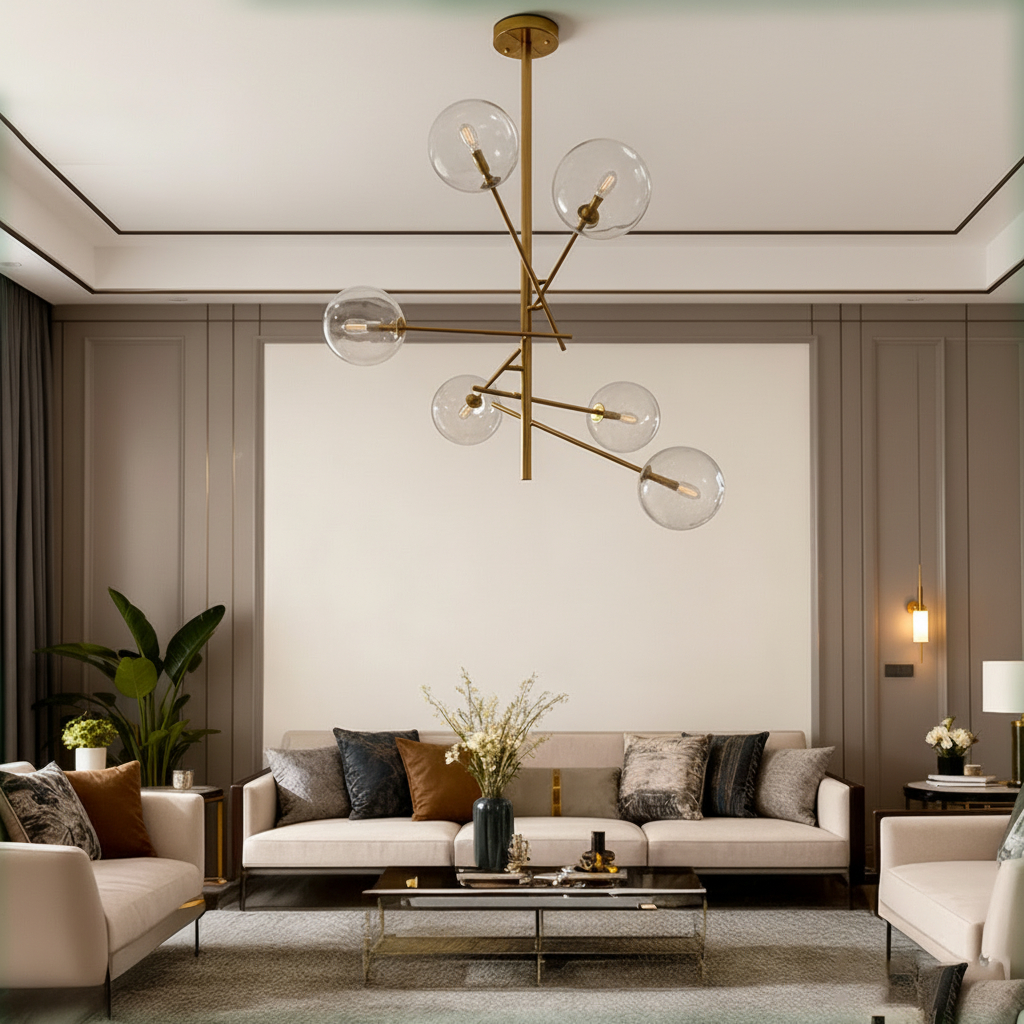 modern gold sputnik-style chandelier featuring glass globes. 