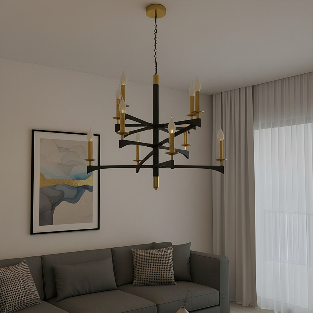 Webfkh 12-Light Black and Gold Modern Farmhouse Chandelier.