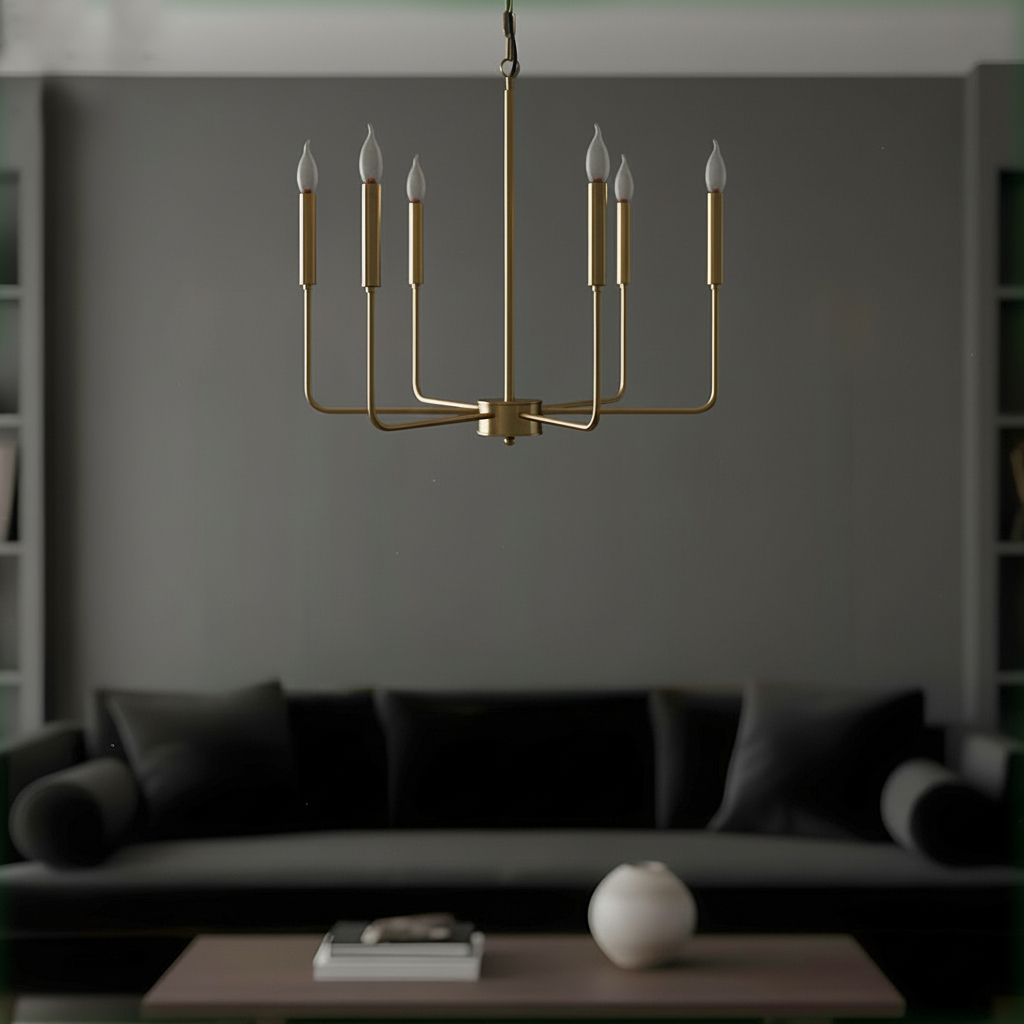 shown is a prime finished 6-light chandelier designed in a modern farmhouse candle style.