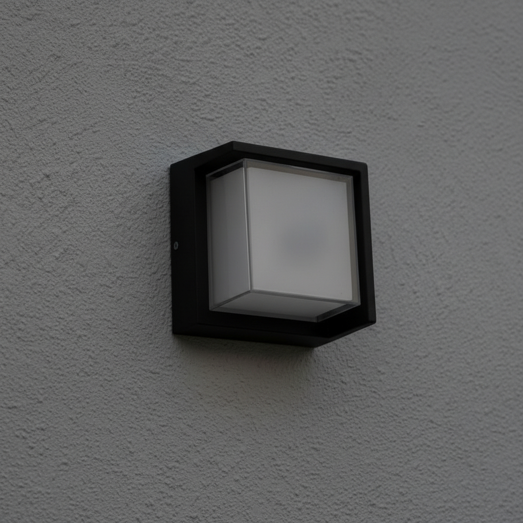 modern square LED outdoor wall sconce, often referred to as a cube