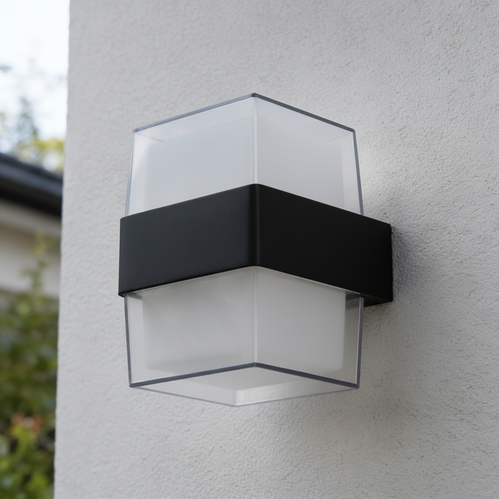 Pittsburgh modern outdoor wall light by Searchlight Electric, featuring a black die-cast aluminum frame with clear and frosted glass