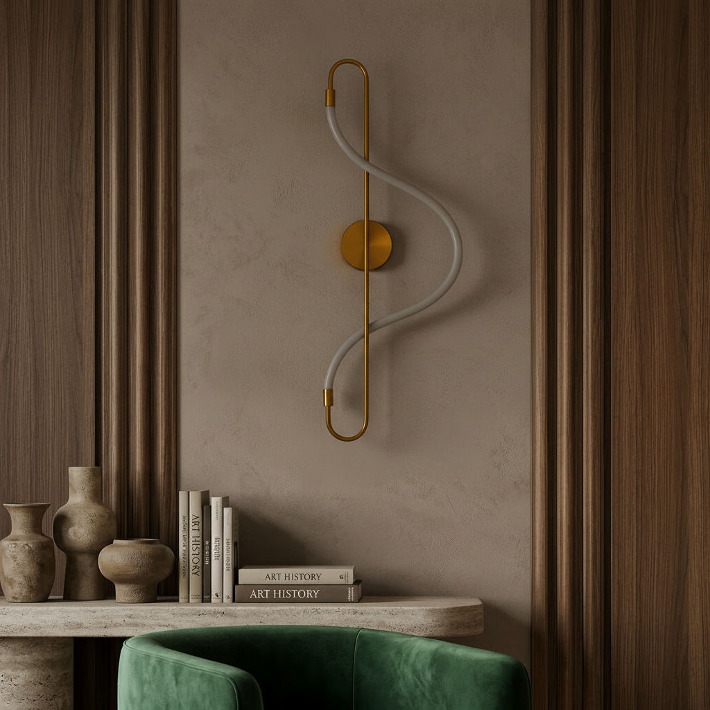 modern golden metal and acrylic LED wall light, similar to models marketed as the Toolight "Led App858-W Long" or various Nordic-style spiral silicone strip wall lamps.