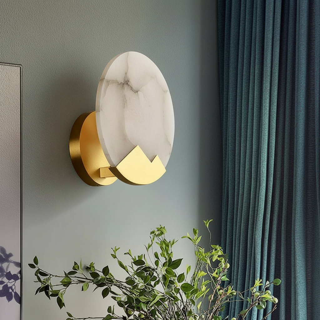 brass wall light features a round marble shade, often found listed as the "Contemporary Brass Wall Light with Round Marble Shade