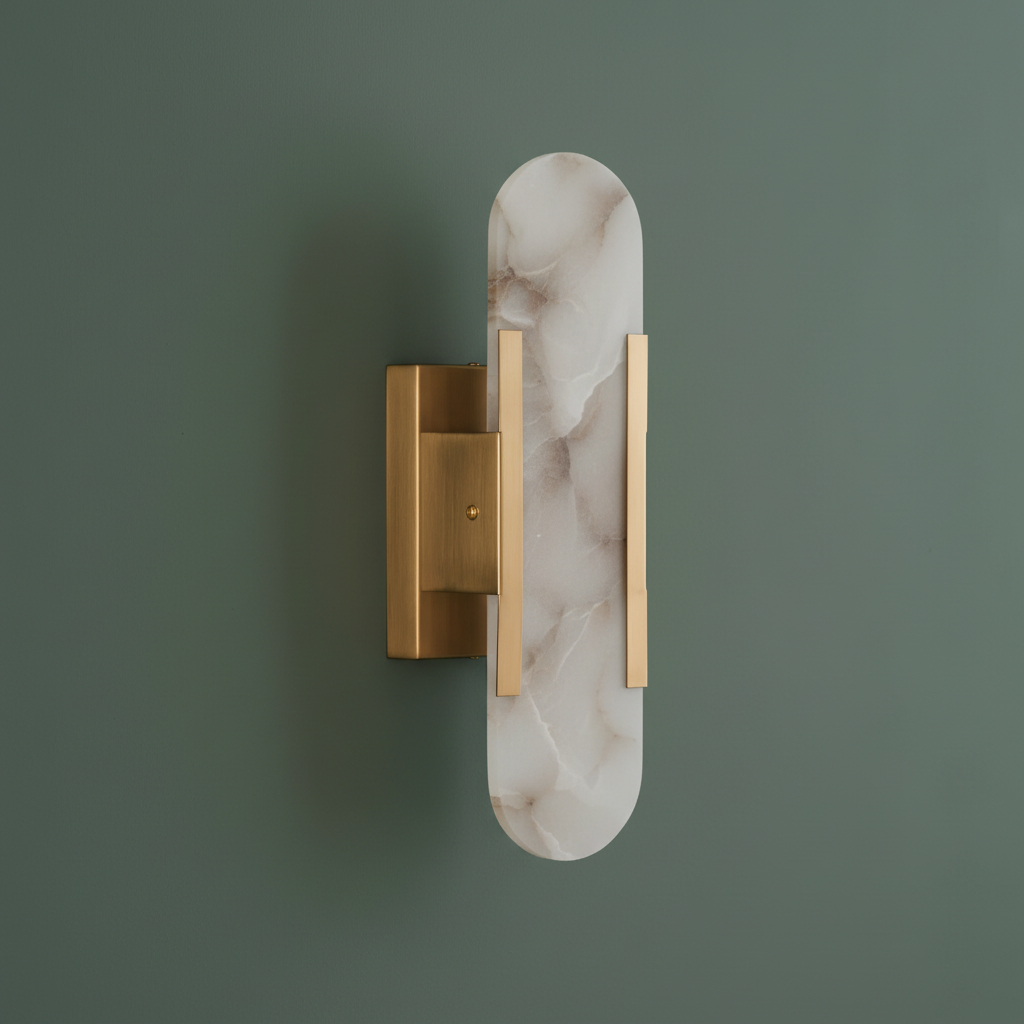 Ymiko contemporary marble wall sconce lamp featuring a golden base and frosted marble finish. 