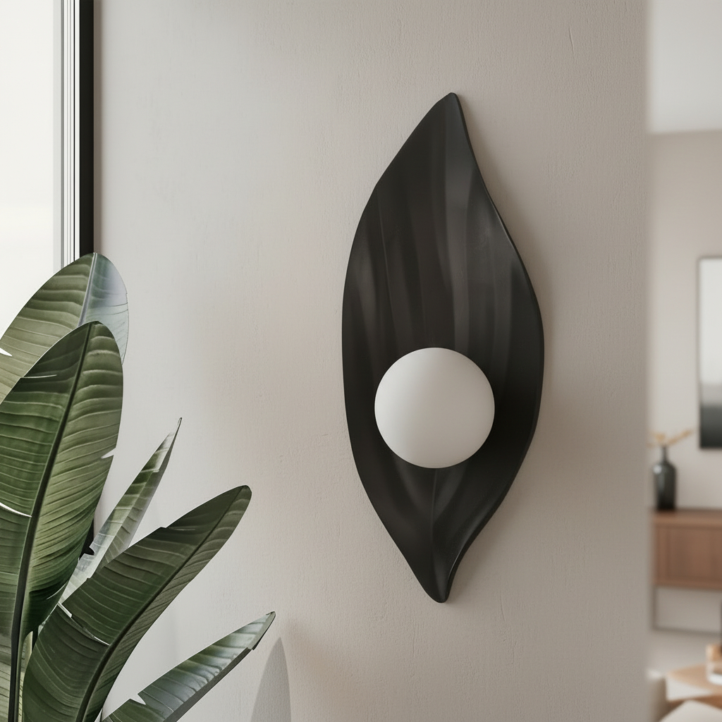 Black Leaf Wall Sconce with Orb Light is a luxurious modern wall lamp featuring a matte black leaf design.