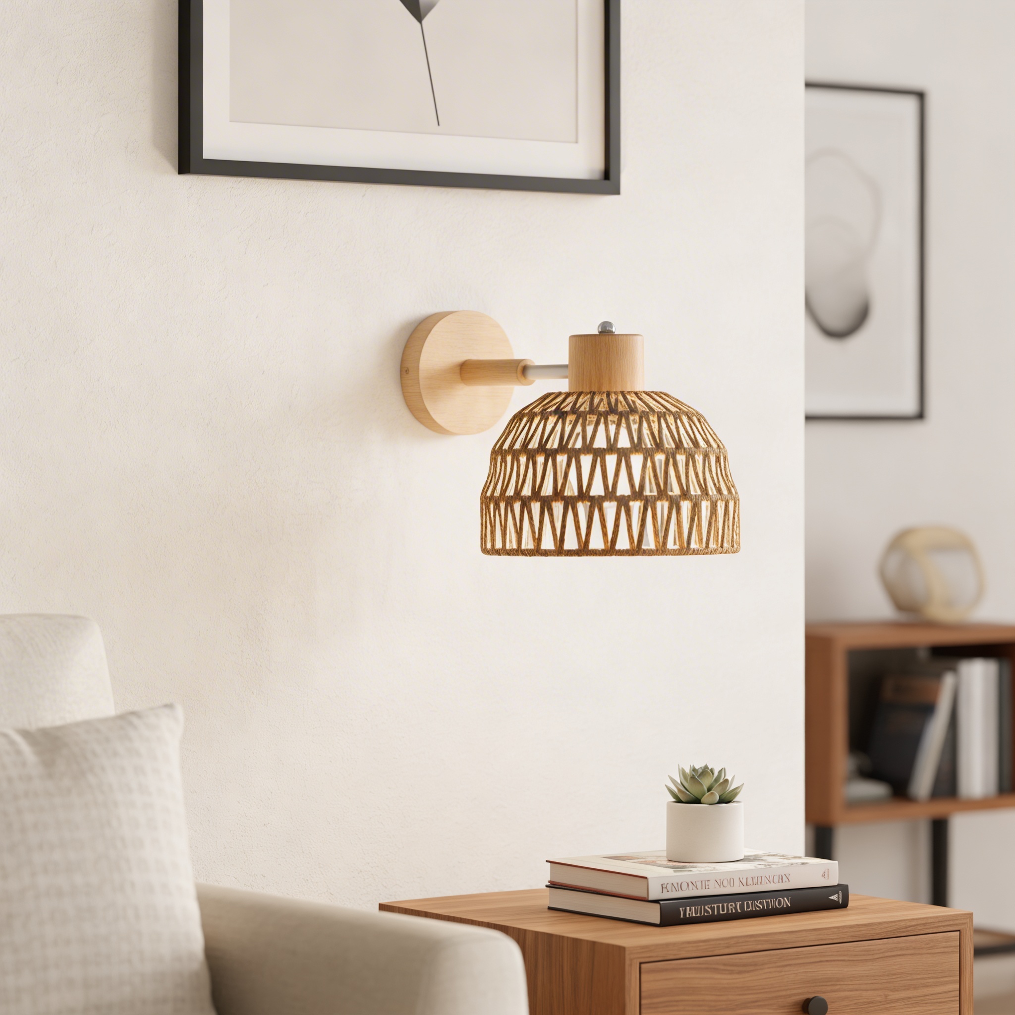 hand-woven rattan wall sconce lamp featuring a natural wood base and a bohemian or rustic design style.