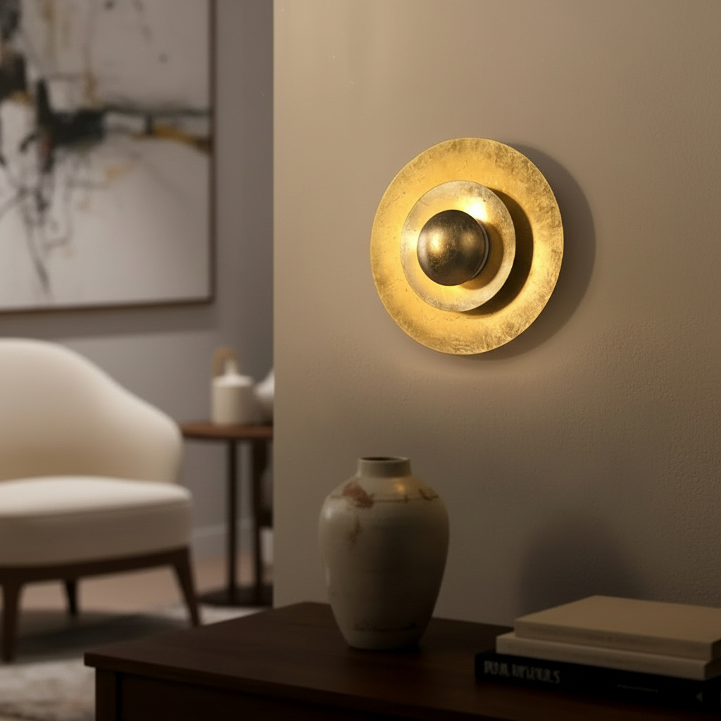 decorative wall light or sconce, featuring a concentric disc design with a metallic gold finish