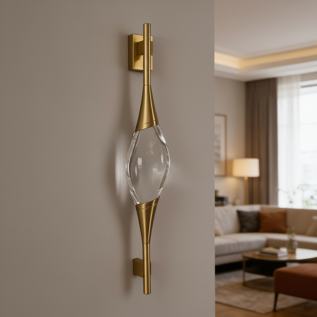 Romilly Wall Lamp by Residence Supply, featuring a metal body with a brushed gold finish and a clear asymmetrical drop-like crystal.
