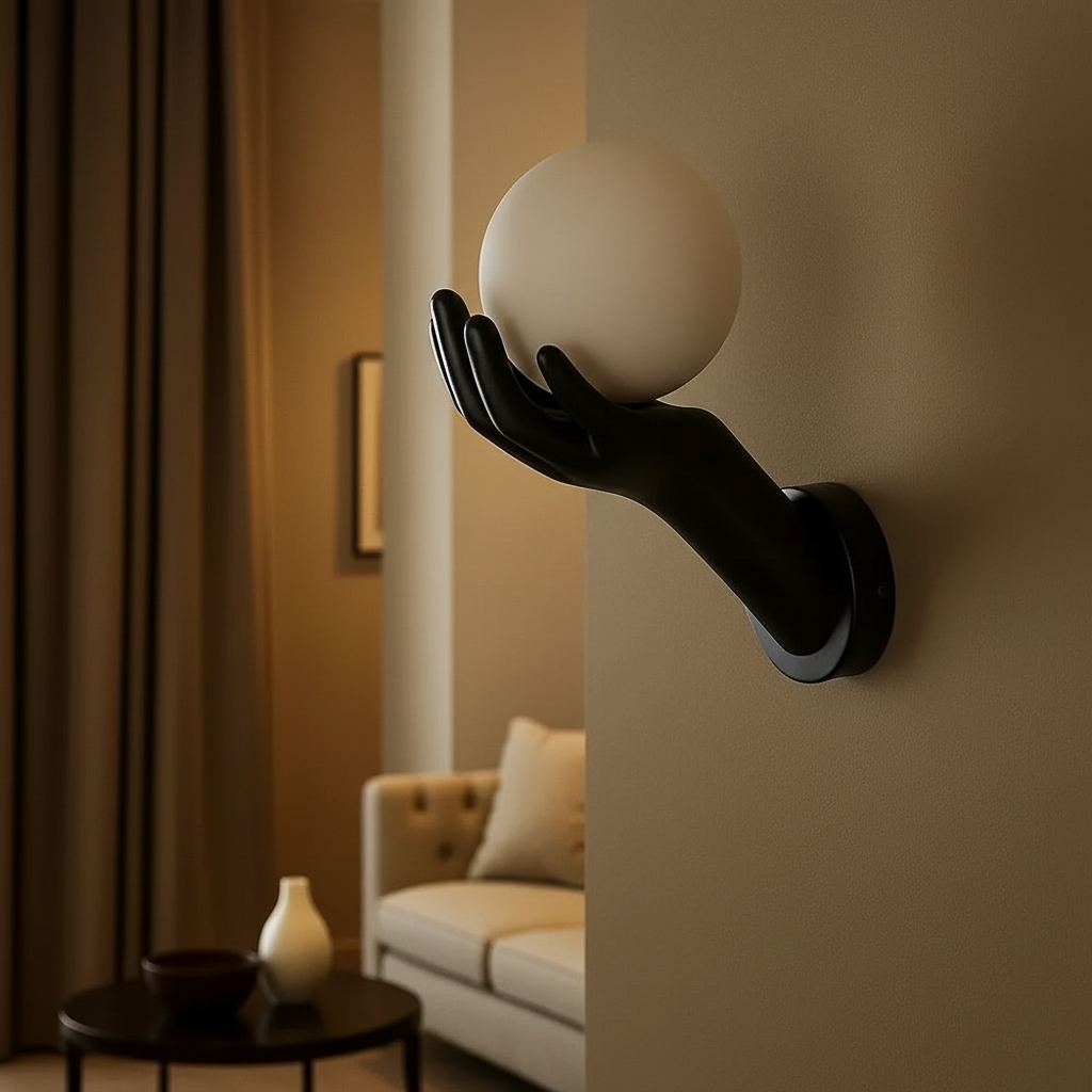 resin wall lamp featuring a hand-shaped design holding a globe glass shade, often referred to as a "Hand of Victory" or "Hand Light" wall fixture