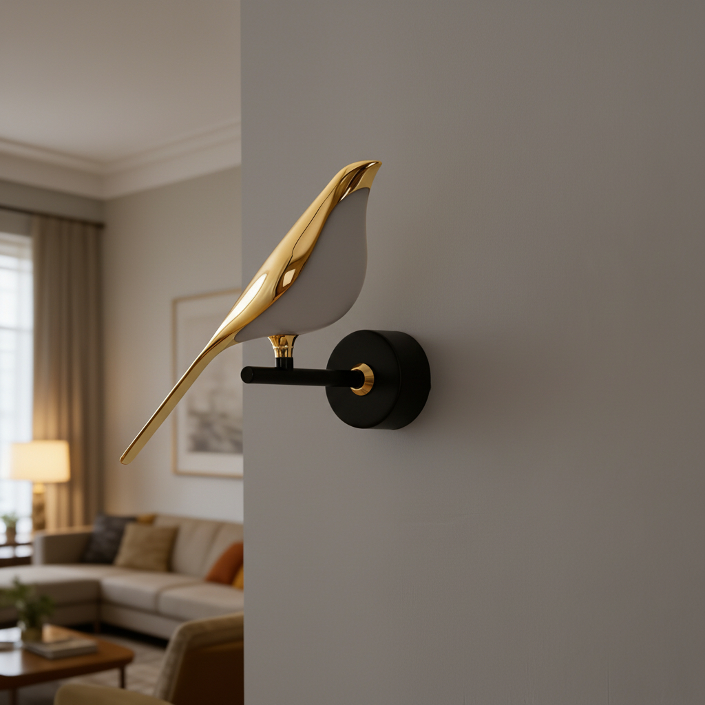 Nordic-style golden magpie LED wall lamp, often used as decorative bedside lighting.