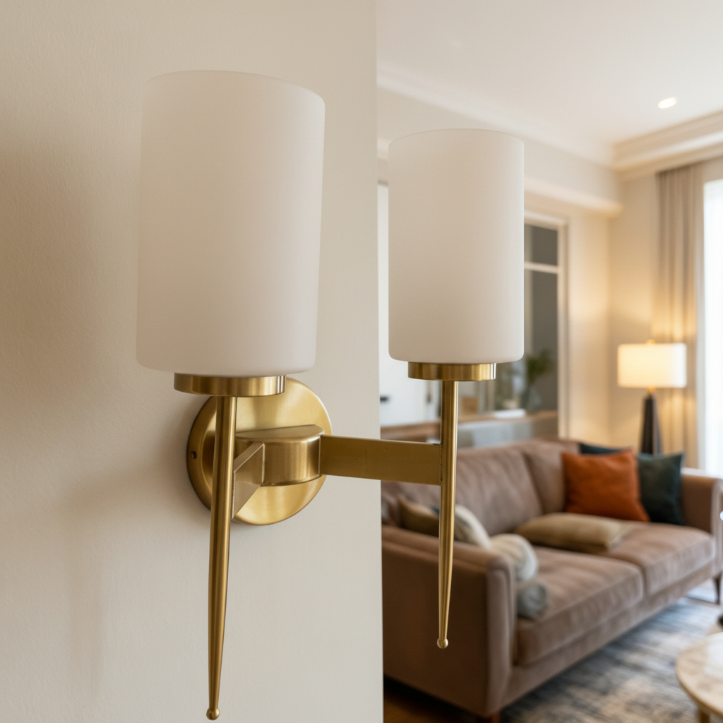 modern brass wall sconce featuring a cylindrical white glass shade and a pencil-style metal arm