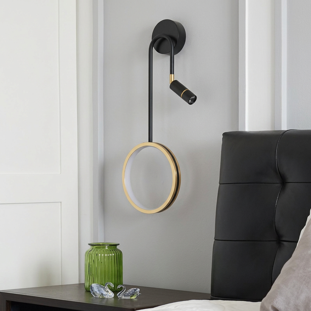 wall lamp features a rotatable spotlight and an integrated LED ring light,