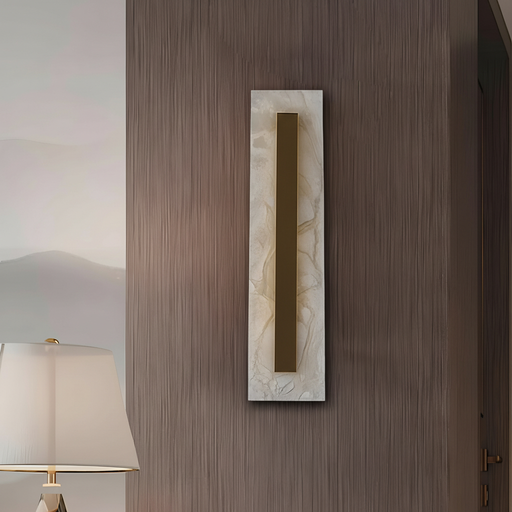 Kelly Wearstler Melange Elongated Wall Sconce featuring natural alabaster with an antique-burnished brass metal frame