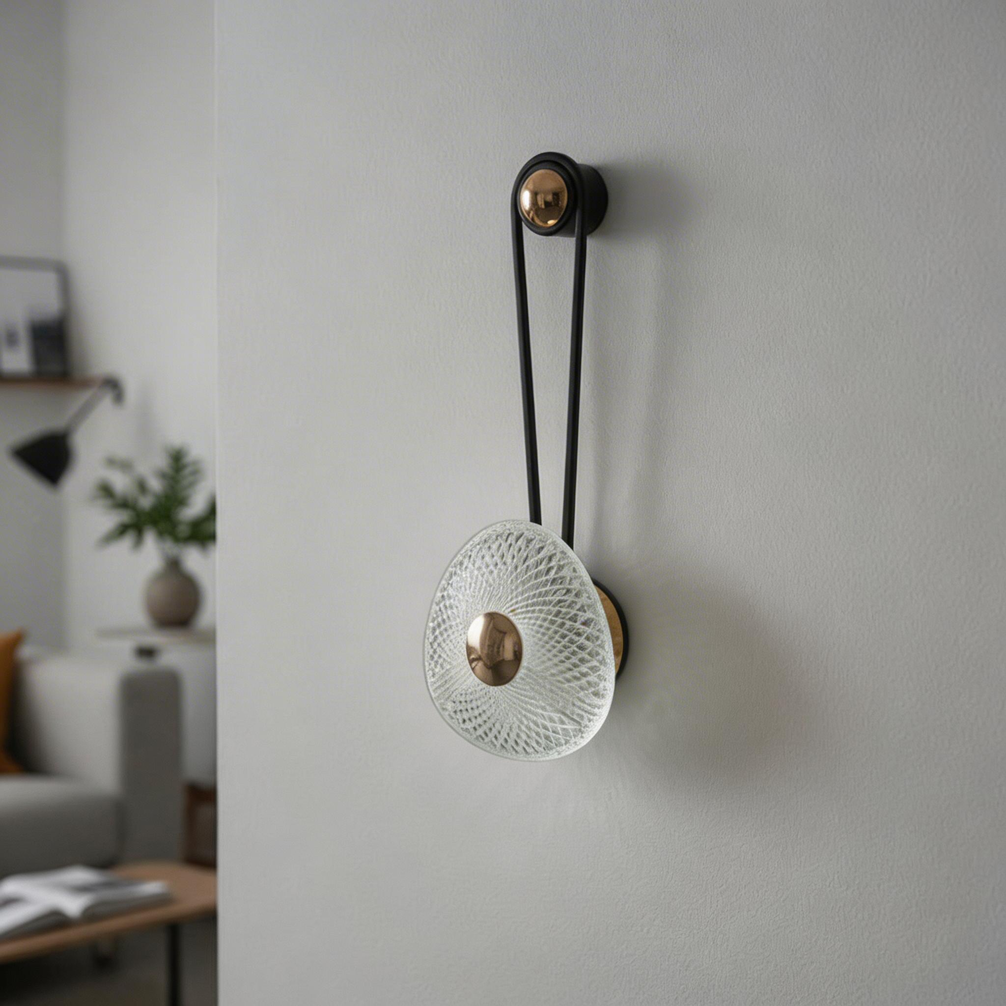 Arteriors wall lamp features a decorative hanging design with a textured acrylic centerpiece and gold metal accents. 