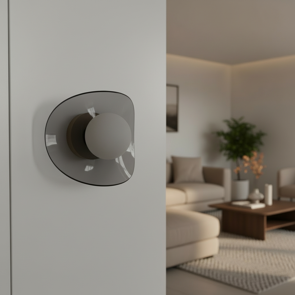 Aromas del Campo Ipon wall lamp, featuring a round glass shade in a smoke finish and a spherical bulb. 