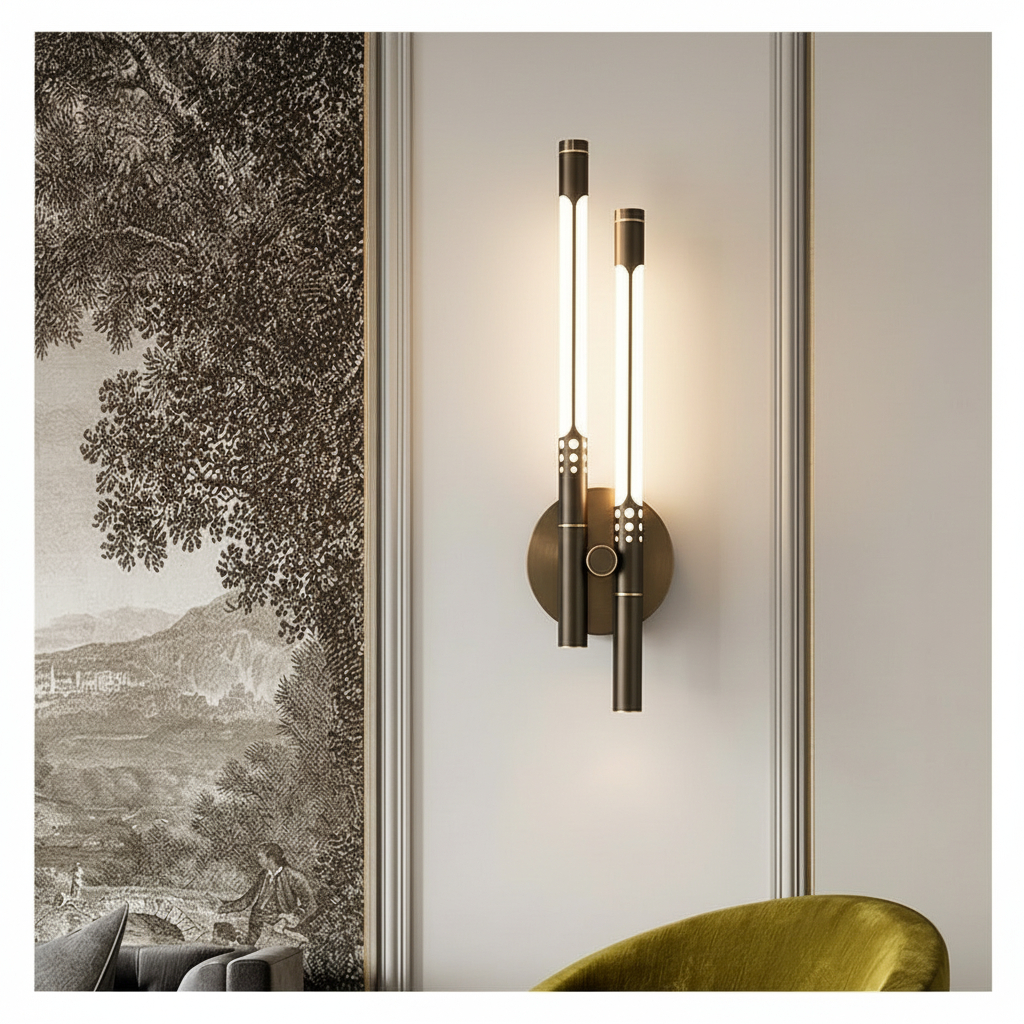 Alternative view of modern linear LED wall sconce, commonly featured in minimalist living room decor