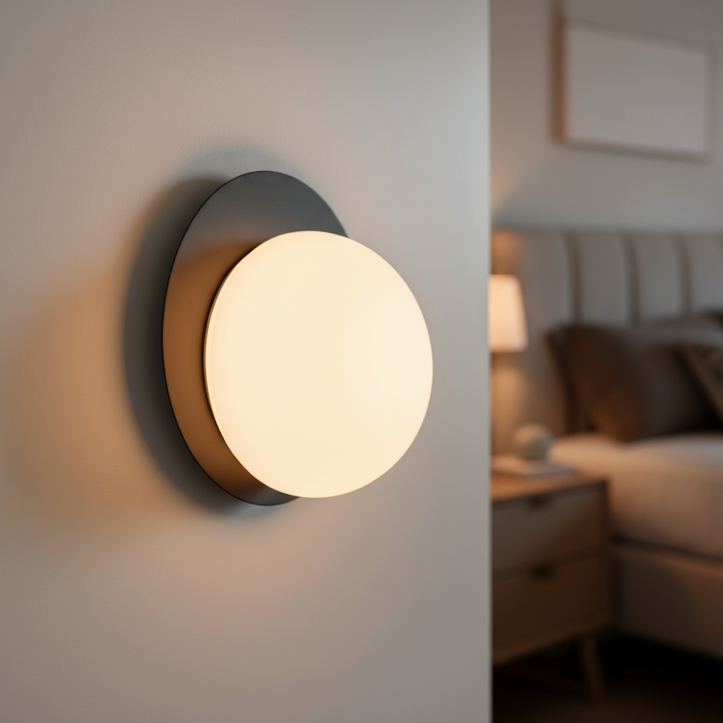 Alternative view of disc-mounted opal glass wall light, similar to the charcoal grey design offered by houseof. 