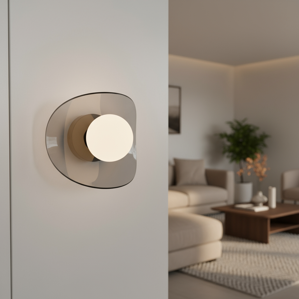 Alternative view of Aromas del Campo Ipon wall lamp, featuring a round glass shade in a smoke finish and a spherical bulb. 