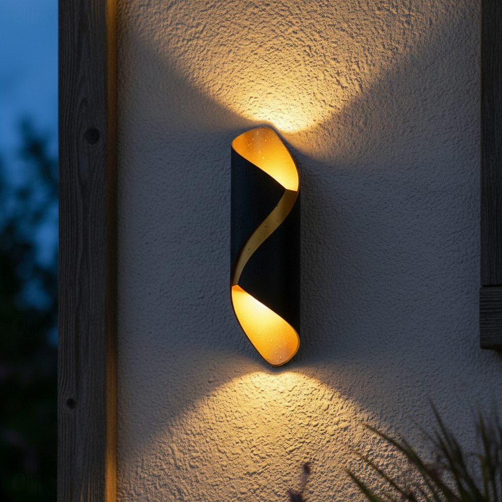 Alternative view of spiral LED wall sconce fixture with up-and-down lighting.