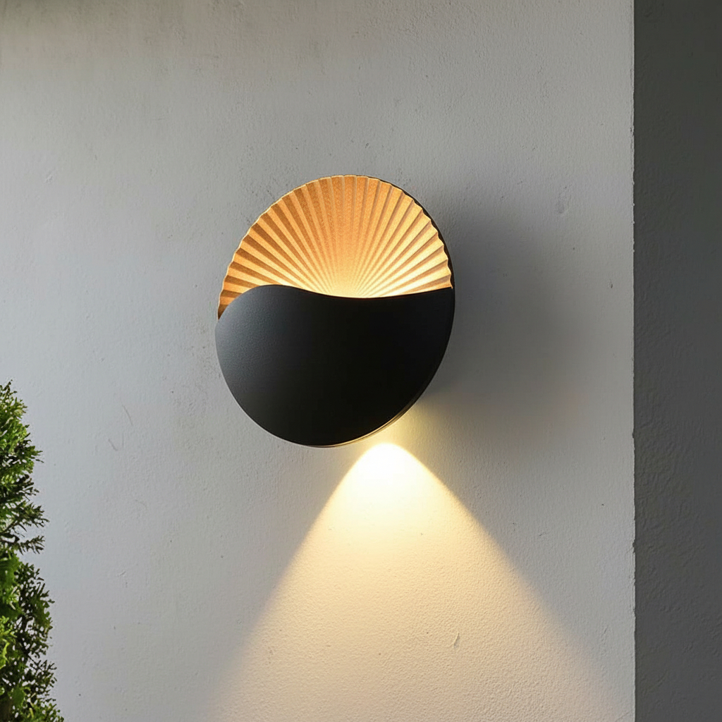 Alternative view of modern minimalist outdoor LED wall sconce, often referred to as a "Sunrise" or "Sun and Moon" style lamp.